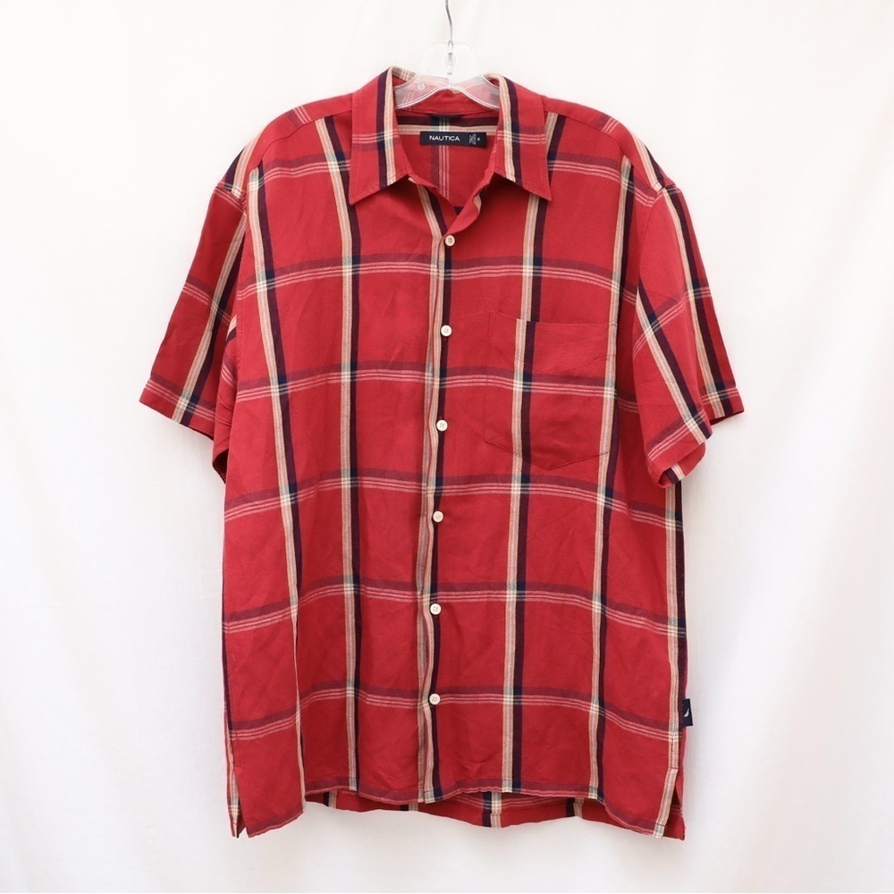 NWOT Nautica men's plaid check button-down shirt brick red linen blend M new